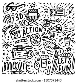 movie cinema film cute hand drawn doodles. elements take movie. vector eps 10