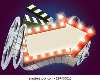 Movie cinema film sign with light bulbs arrow sign clapperboard and film reel