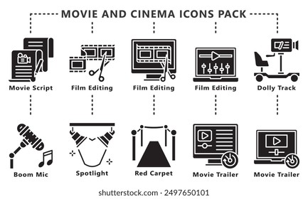 Movie and cinema glyph icon set, contain film editing, camera dolly, red carpet, movie trailer, and more. vector EPS 10. use for UI, UX movie and cinema theme, app and web development.