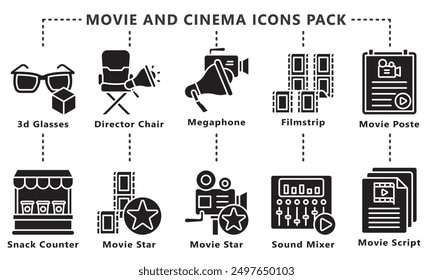 Movie and cinema glyph icon set, contain script, film roll, 3d glasses, movie star and more. vector EPS 10. use for UI, UX movie and cinema theme, app and web development.
