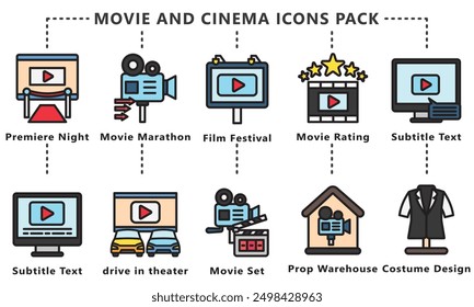 Conjunto de iconos de glifo de película y cine, contiene festival de cine, casa de producción, calificación, diseño de vestuario y más. Vector EPS 10. uso para UI, película UX y tema de cine, App y desarrollo de Web.