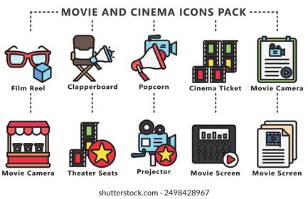 Movie and cinema glyph icon set, contain script, film roll, 3d glasses, movie star and more. vector EPS 10. use for UI, UX movie and cinema theme, app and web development.