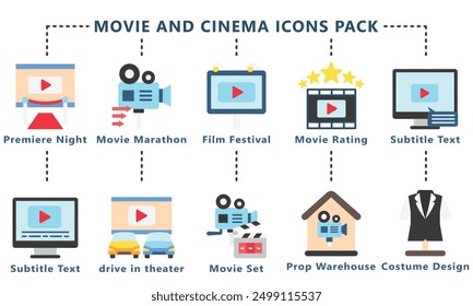 Conjunto de iconos de glifo de película y cine, contiene festival de cine, casa de producción, calificación, diseño de vestuario y más. Vector EPS 10. uso para UI, película UX y tema de cine, App y desarrollo de Web.