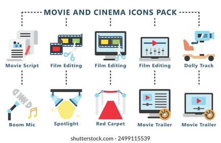 Conjunto de iconos de glifo de película y cine, contiene edición de película, carretilla de cámara, alfombra roja, tráiler de película, y más. Vector EPS 10. uso para UI, película UX y tema de cine, App y desarrollo de Web.