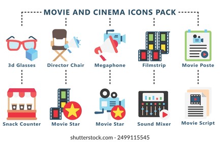 Movie and cinema glyph icon set, contain script, film roll, 3d glasses, movie star and more. vector EPS 10. use for UI, UX movie and cinema theme, app and web development.