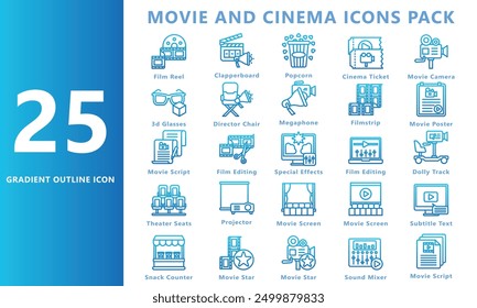 Movie and cinema gradient outline icon set, contain clapperboard, ticket, camera, theater seats and more. vector EPS 10. use for UI, UX movie and cinema theme, app and web development.