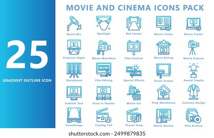 Movie and cinema gradient outline icon set, contain clapperboard, ticket, camera, theater seats and more. vector EPS 10. use for UI, UX movie and cinema theme, app and web development.