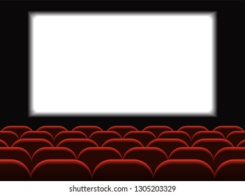 Movie cinema. Cinema hall with seats. Premiere poster design with white screen. Vector background.