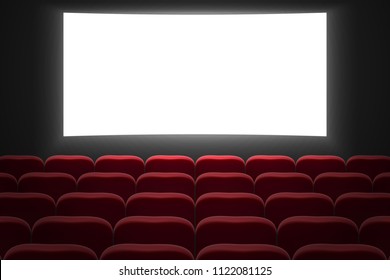 movie cinema hall with white screen and red row chairs