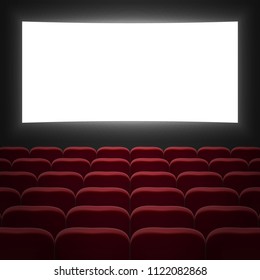 movie cinema hall with white screen and red row chairs