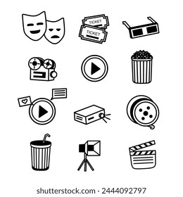 Movie Cinema icon set. Containing camera, play, pause, media, online video, live, production, player, movie and cinema icons. Line icon collection.