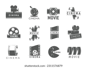 Movie cinema icons of film strip and camera reels, vector cinematography symbols. Cinema theater or movie production studio signs of retro video camera and filmstrip or camcorder shutter