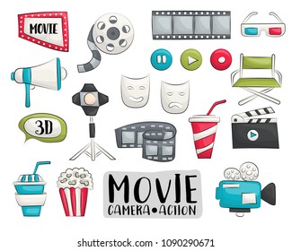 Movie cinema icons set. Colorful hand drawn doodle objects. Vector illustrator.