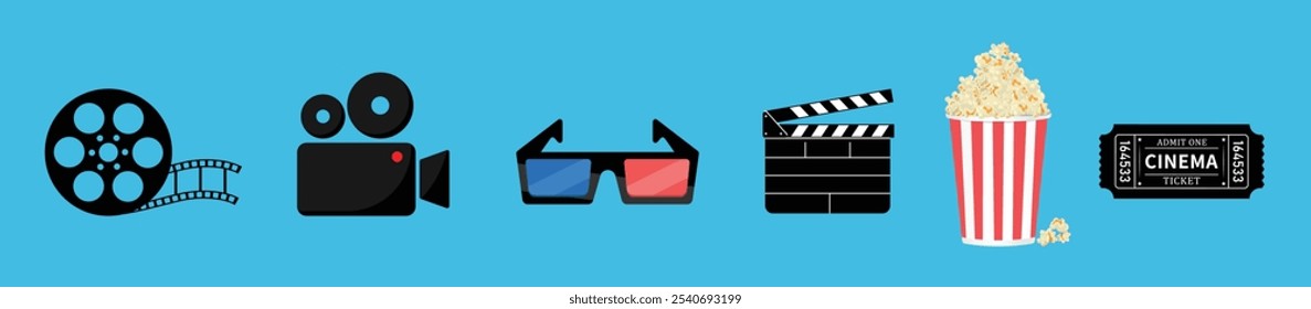 Ícones de filme ou cinema definir coleção de elementos vetoriais com ticket, pipoca, rolo de filme, óculos 3d, clapperboard no fundo azul.