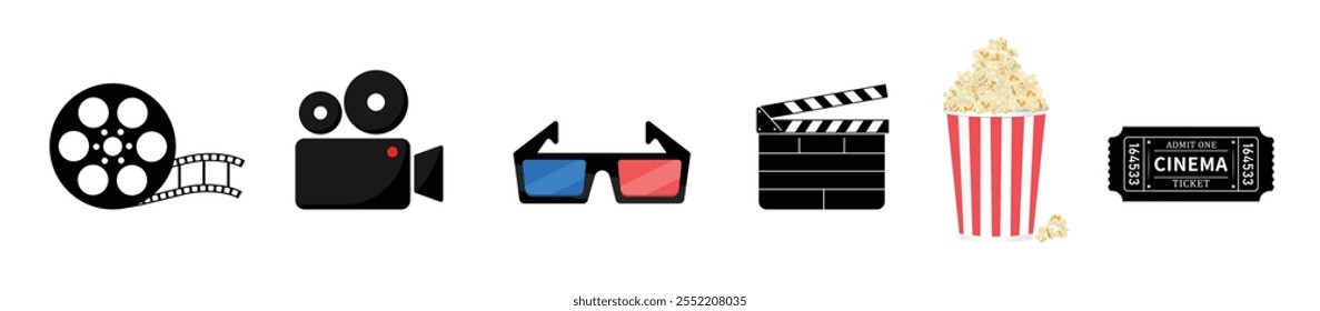 Ícones de filme ou cinema definir coleção de elementos vetoriais com ticket, pipoca, rolo de filme, óculos 3d, clapperboard no fundo branco.