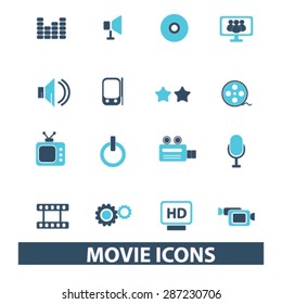 movie, cinema icons, signs, illustrations set, vector