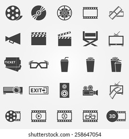 Movie or cinema icons - vector cinematography black symbols 