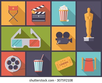 Movie and Cinema icons vector illustration. Horizontal flat design illustration with various movie and cinema icons