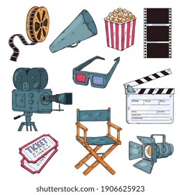 Movie and cinema items collection, hand drawn sketch vector illustration isolated on white background. Set of cartoon icons and symbols on cinema production theme.