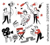 Movie and cinema items collection. Set of cartoon icons and symbols on cinema production theme. Hand drawn vector illustration doodle style.