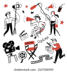 Movie and cinema items collection. Set of cartoon icons and symbols on cinema production theme. Hand drawn vector illustration doodle style. - Shutterstock ID 2157509395