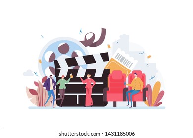 Movie Cinema Launch Vector Illustration Concept Showing Cinema Activity, Suitable for landing page, ui, web, mobile app intro card, editorial print, flyer, and banner.