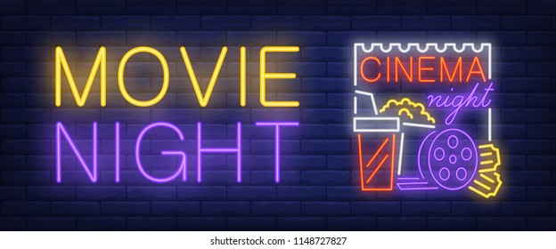 Movie, cinema night neon style banner. Text, popcorn, film reel, clapper board on brick background. Night bright advertisement. Can be used for signs, posters, billboards