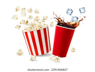 Movie cinema popcorn bucket and cola drink cup with splash, realistic vector background. Pop corn snack and soda beverage in red cup with ice cubes splash and flying popcorn from bucket