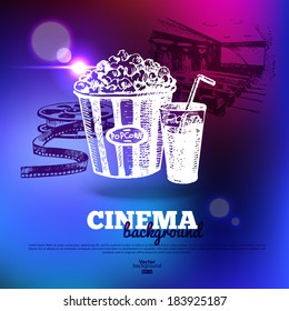 Movie cinema poster. Background with hand drawn sketch illustrations and light effects	
