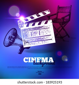 Movie cinema poster. Background with hand drawn sketch illustrations and light effects