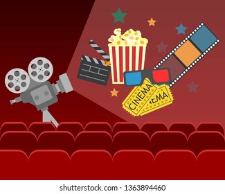 movie cinema poster design. vector banner for show with curtains,seats,popcorn,ticket