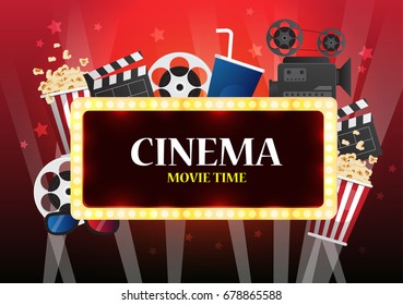 Movie cinema poster design. Vector template banner for show with seats, popcorn, tickets