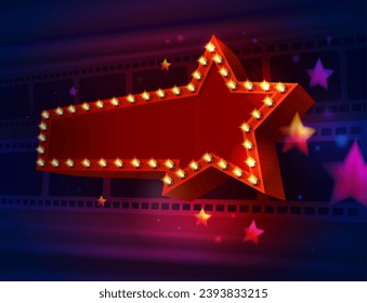 Movie cinema poster with neon star. Hollywood movie theater, blockbuster promo and Broadway show business realistic vector background or banner with cinema film, glowing bulb lights on star arrow svg