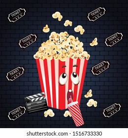 
Movie cinema premiere design. Cinema poster concept on white background. Popcorn, tickets. Vector Illustration eps 10 cartoon popcorn expression sad, crying, touched, moody