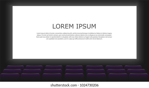 Movie cinema premiere poster design with screen and auditorium. Rows of cinema or theater seats with people looking at the screen. Dark hall background. Flat design realistic vector illustration.