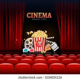 Movie cinema premiere poster design. Vector template banner for show with curtains, seats, popcorn, tickets.