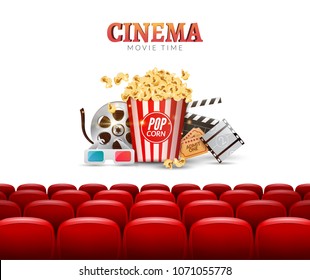 Movie cinema premiere poster design. Vector template banner for show cinema with seats, popcorn, tickets.