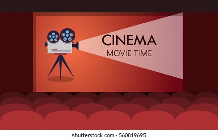 Movie cinema premiere poster design. Vector template banner for show with seats, popcorn, tickets