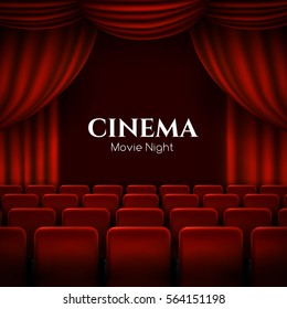 Movie cinema premiere poster design with red curtains. Vector template banner.