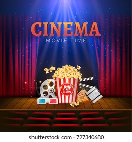 Movie cinema premiere poster design. Vector template banner for show with curtains, seats, popcorn, tickets.