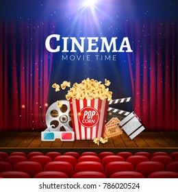 Movie cinema premiere poster design. Vector template banner for show with curtains, seats, popcorn, tickets.