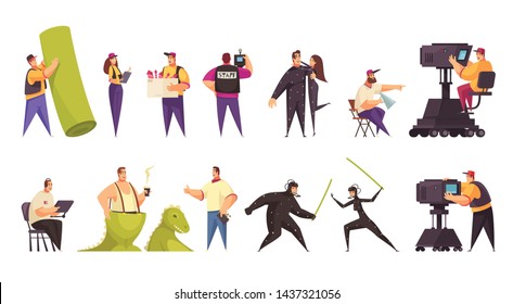 Movie Cinema Production Film Crew Camera Operator Actors Equipment Costumes Props 2  Comic Horizontal Sets Vector Illustration 