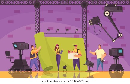 Movie cinema production process flat cartoon composition with film crew equipment on scene shooting location vector illustration 