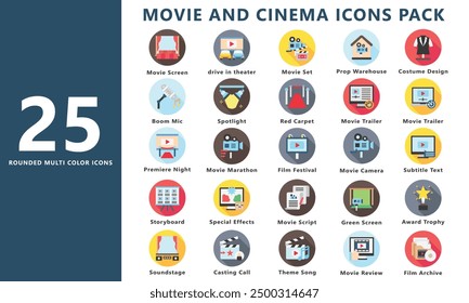 Movie and cinema rounded multi color icon set, contain clapperboard, ticket, camera, theater seats and more. vector EPS 10. use for UI, UX movie and cinema theme, app and web development.