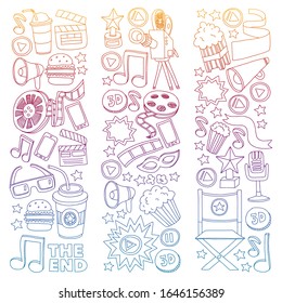 Película, cine. Fondo del doodle de patrón con iconos vectoriales.