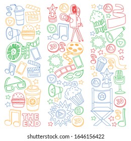 Película, cine. Fondo del doodle de patrón con iconos vectoriales. Video TV.