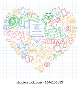 Movie, cinema set. Pattern doodle background with vector icons. Video TV.