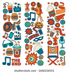 Movie, cinema set. Pattern doodle background with vector icons. Video TV.