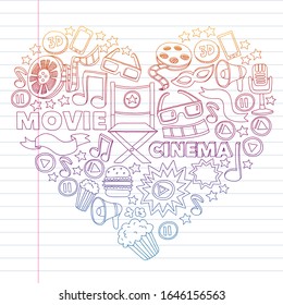 Movie, cinema set. Pattern doodle background with vector icons. Video TV.