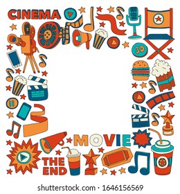 Película, cine. Fondo del doodle de patrón con iconos vectoriales. Video TV.